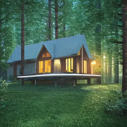 Prompt: cottage in clearing surrounded by trees, it is night, the windows are lit, concept art, aerial view