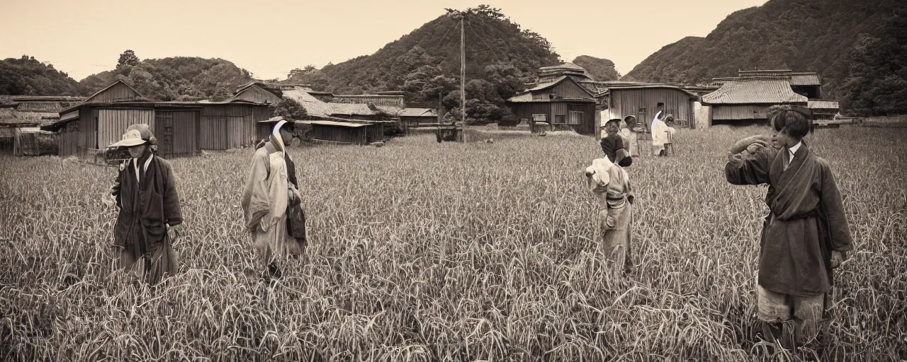 Prompt: rural 1 8 0 0 s japanese countryside, bountiful spaghetti, ultra - realistic faces, fine detail, canon 5 0 mm, in the style of ansel adams, wes anderson, kodachrome, retro