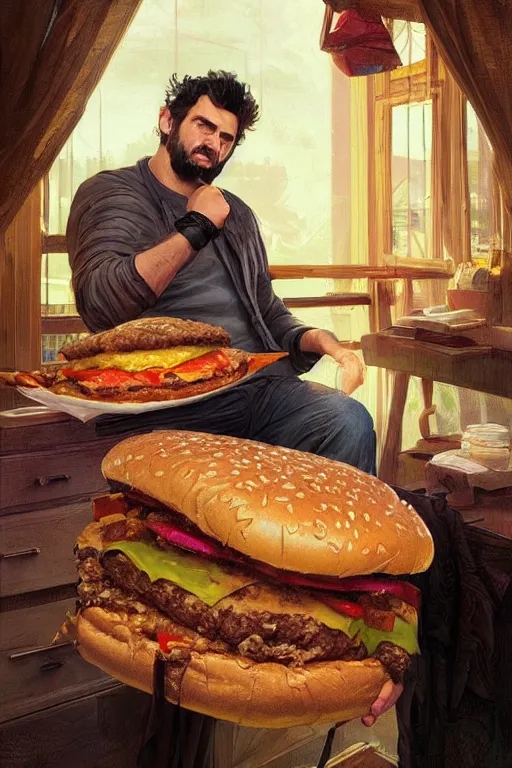 Image similar to ugly cottagecore ethan klein holding a big hamburger, unkempt Hair, dirty office room, intricate, elegant, highly detailed, digital painting, artstation, concept art, smooth, sharp, focus, illustration, art by artgerm and greg rutkowski and alphonse mucha