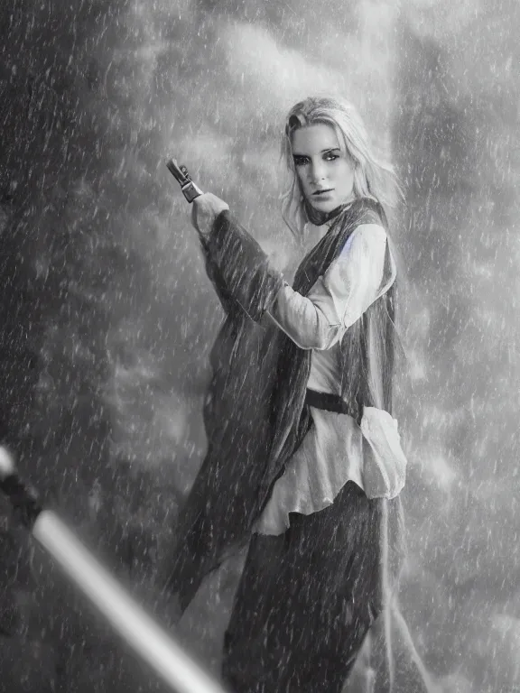 Image similar to cute model annie leonhart holding a lightsaber, beautiful face, detailed face, realistic eyes, cinematic lighting, rainy weather, melancholy atmosphere, volumetric light, realistic reflections, model agency, instagram photo, shot on sony a 7 iii, beauty filter, postprocessing