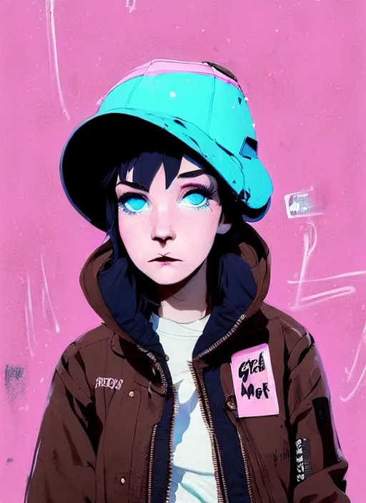 Image similar to highly detailed portrait of a street punk lady student, blue eyes, bubble jacket, hat, white hair by atey ghailan, by greg rutkowski, by greg tocchini, by james gilleard, by joe fenton, by kaethe butcher, gradient pink, black, brown and light blue color scheme, grunge aesthetic!!! ( ( graffiti tag wall background ) )