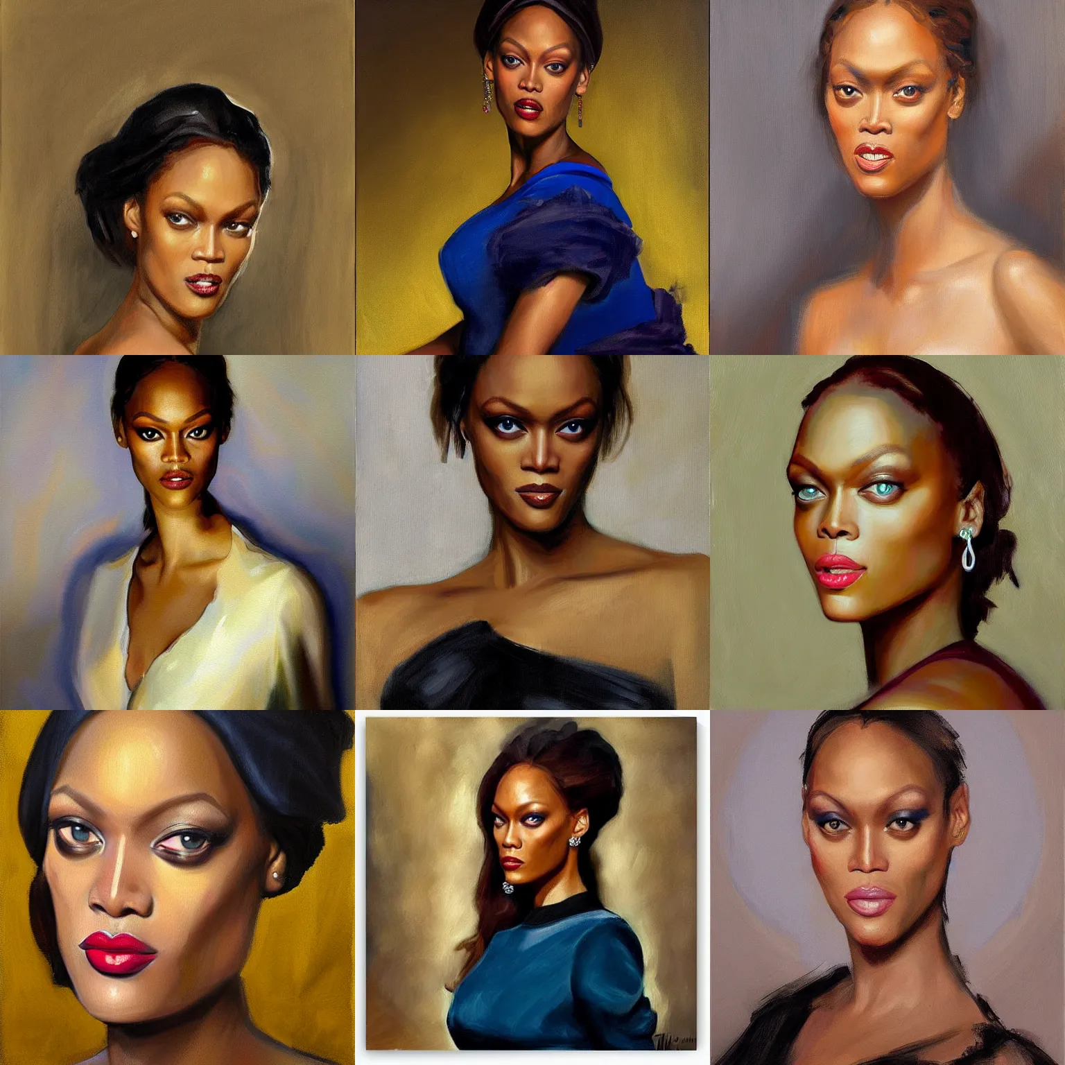 Prompt: portrait of tyra banks, hyperrealistic, in the style of john singer sargent, painting