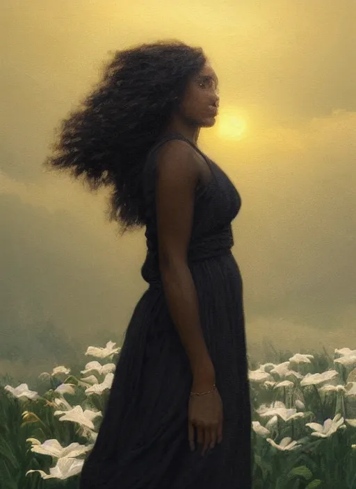Image similar to oil painting close up portrait of a contemplative young black woman with long dark flowing hair in a black dress, surrounded by white lilies!! at sunset, hazy, digital art, chiaroscuro, artstation, cinematic, golden hour, digital art painting by greg rutkowski, william - adolphe bouguereau, hazy atmosphere, cinematic lighting