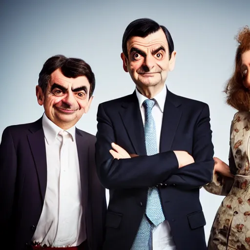 Image similar to A portrait mr bean teams up with a teenage mr bean and a female Mr Bean, everyone has a Mr Bean face, perfect faces, 50 mm, award winning photography