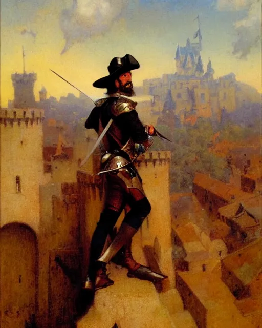 Image similar to attractive musketeer watches an army approach, he is on a castle wall, painting by gaston bussiere, craig mullins, j. c. leyendecker