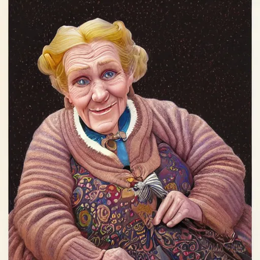 Prompt: a beautiful, detailed, intricate caricature disney pixar cartoon style portrait painting of a kindly big - nosed old woman with a dress full of pockets, by james c. christensen