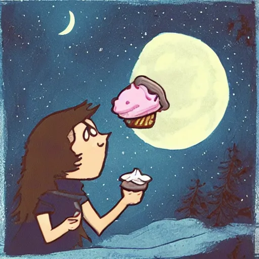 Image similar to a mystical creature eating ice cream in the moonlight