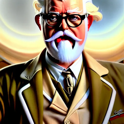 Image similar to epic portrait single colonel sanders explaining, redneck crowd for background, detailed, digital painting, artstation, concept art, donato giancola, joseph christian leyendecker, wlop, boris vallejo, breathtaking, high details, extremely detailed, beautiful, establishing shot, artistic, hyperrealistic, octane render