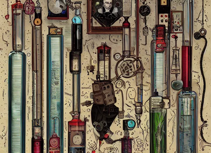 Image similar to a portrait of an inventor, test tubes, strange machines, electronics, lowbrow in the style of mark ryden and daniel merriam,