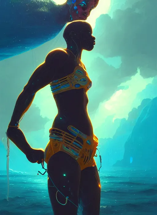 Image similar to portrait of a jamaican fisherman sci - fi glowing fishing armor muscular cyberpunk intricate elegant highly detailed digital painting artstation concept art, ocean background, jamaican colors, cinematic, greg rutkowski, loish, rhads, ferdinand knab, makoto shinkai and lois van baarle, ilya kuvshinov, rossdraws, tom bagshaw