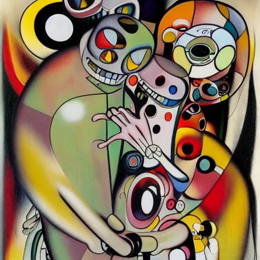 Image similar to Oil painting by Roberto Matta. Strange mechanical beings kissing. Portrait by Takashi Murakami.