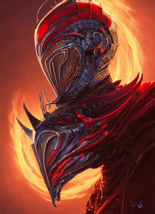 Image similar to highly detailed portrait of knight's helmet reflecting red dragon reflection detailed, 8 k blocking flames fire, green eyes, fantasy art by by simon bisley, loish, rhads, ferdinand knab, makoto shinkai and lois van baarle, ilya kuvshinov, rossdraws, tom bagshaw, global illumination, radiant light, detailed and intricate environment