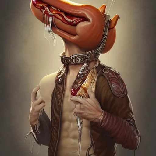 Prompt: portrait of a young rugged hot dog, extra onions and ketchup, luscious with sesame seeds, handsome, D&D, fantasy, intricate, eldritch, Viking, elegant, highly detailed, digital painting, sweaty meat, artstation, concept art, matte, sharp focus, illustration, art by Anna dittmann