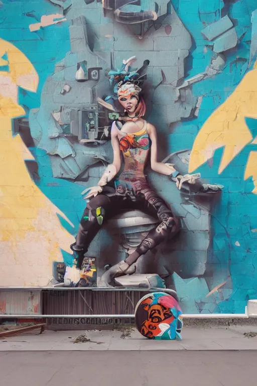 Image similar to punk girl sitting on extreme 3 d graffiti tag mural maximalism by atey ghailan, by greg rutkowski, by joe fenton, yellow, brown, black and cyan color scheme, octane render