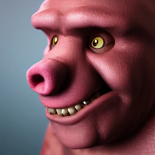 Prompt: A pigman smiling into the camera, portrait, artstation, realistic, highly detailed, bokeh, by Alex Flores