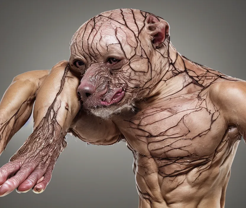 Prompt: a high resolution photo of a complex head, grown together various animal eyes, amphibia hairless veins wrinkles morphing nature documentary, cracked plastic wrap, dog gills morph scales merged in fur skin, wrinkled muscles skin, veins merged feet head, displacement, distorted animal head face eyes arms tail 1 5 0