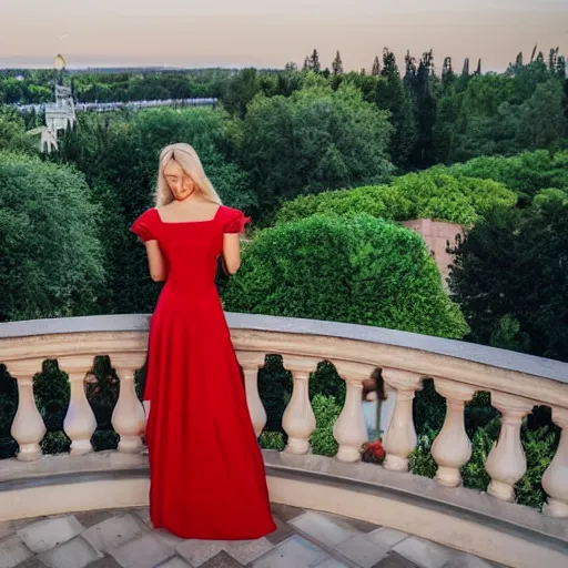 Prompt: portrait of a very attractive young russian blonde wearing a red dress looking towards a heavenly garden from the balcony of a palace, realistic, photography