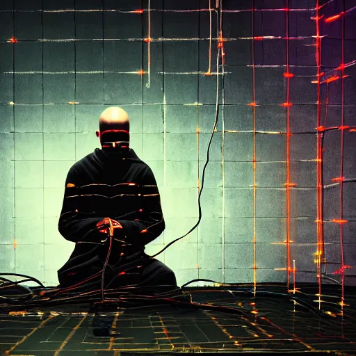 Image similar to a single monk kneeling with wires connecting him to a computer, nirvana, machines and wires everywhere, flashing neon lights, creepy, dark shadowy surroundings, dystopian scifi, horror, stefan koidl inspired, 4 k