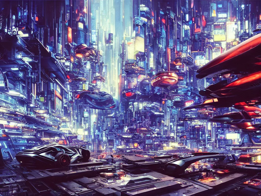 Prompt: hyperrealistic painting of a slice of life from a futuristic city, mechanical designs, futuristic vehicles, meticulous, night, cinematic, cyberpunk style, highly detailed!, intricate, meticulous, realism, acrylic on canvas, 8 k resolution, concept art, by noriyoshi ohrai, john berkey