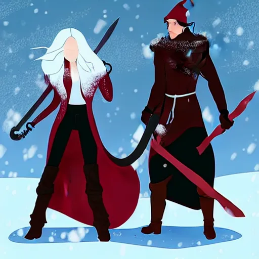 Image similar to A woman and a man are standing in the snow, the woman is leaning against the man, the man has long red hair, the woman has blonde long hair, the man has a red thick sword, the woman has a thin, long sword, a tree almost fully covered in bulky snow, concept art by Fabien Charuau, trending on pixiv, fantasy art, official art, wiccan, concept art, 4k, sharp details