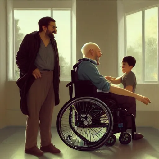 Image similar to a male patient in a wheelchair in the hospital with his wife and son standing by. happy, cheerful, smiling, intricate, face enhance, sharp focus, cinematic lighting, featured in artistation, 8 k, art by greg rutkowski, william adolphe bouguereau