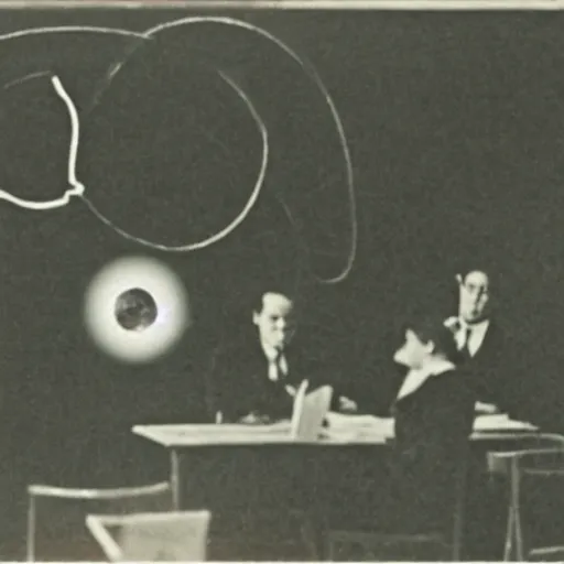 Prompt: a 1900s grainy photo of a university's teacher drawing a black hole on the board