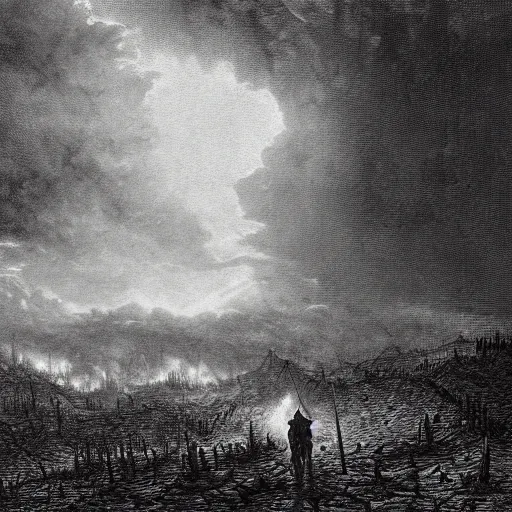 Prompt: apocalyptic landscape, soldier in gasmask, dark clouds, fire, dark, night, eerie, dystopian, city, end times, illustration by Gustave Doré