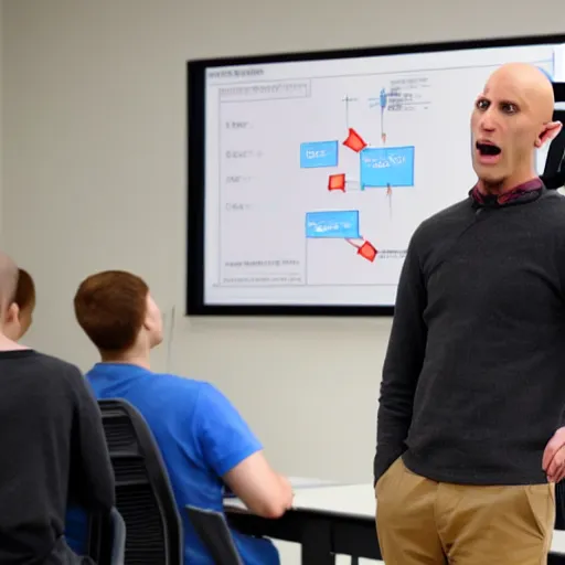 Prompt: a tall caucasian bald male teacher discussing the benefits and dangers of AI with his students in a classroom in skyrim