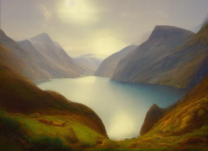 Image similar to norwegian fjords in the style of hudson river school of art, oil on canvas