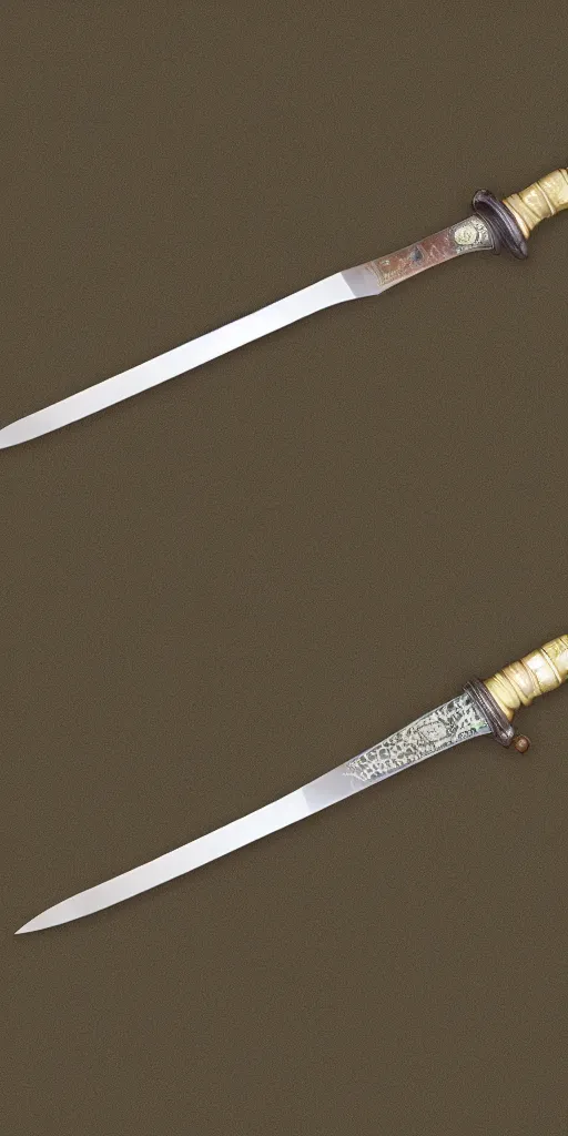 Image similar to photograph of a wide green and teal crystal double - edged sword blade attached to a big gold sword hilt