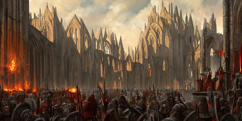 Image similar to highly detailed portrait painting of an ancient argardian gods battle, abbey warhammer battle, old abbey in the background, cathedrals, long giant columns, by eddie mendoza and tyler edlin, 8 k resolution