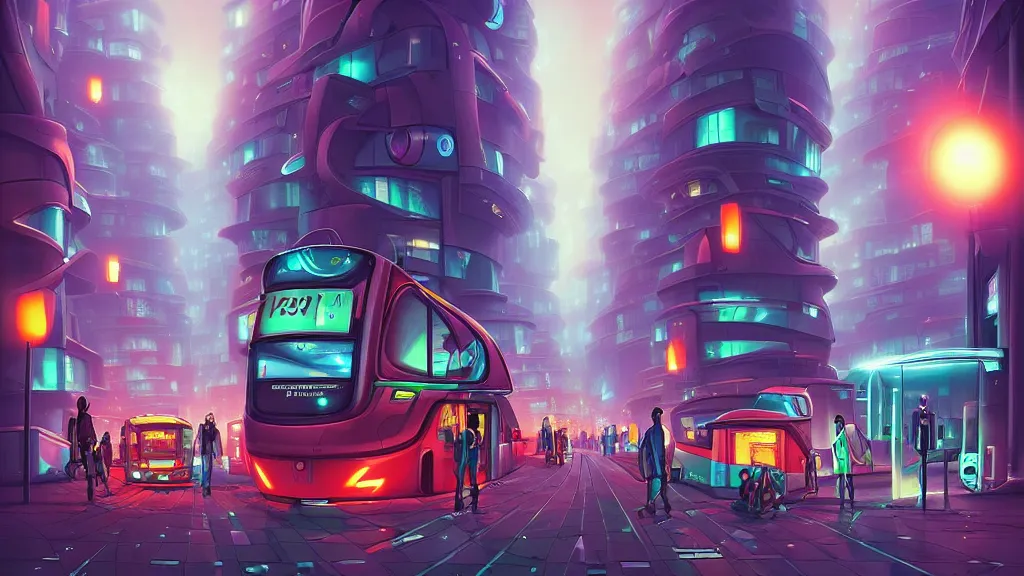 Prompt: street view of futuristic robot london city at night by cyril rolando and naomi okubo and dan mumford and zaha hadid. robots. robots walking the streets. advertisements for robots. robotic elegant lamps. robotic double decker bus.