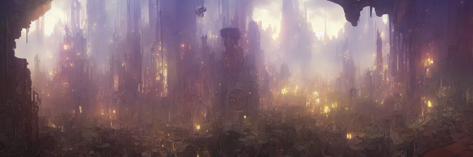 Prompt: a beautiful painting of a dystopian steampunk landscape by alfons maria mucha and julie dillon and makoto shinkai