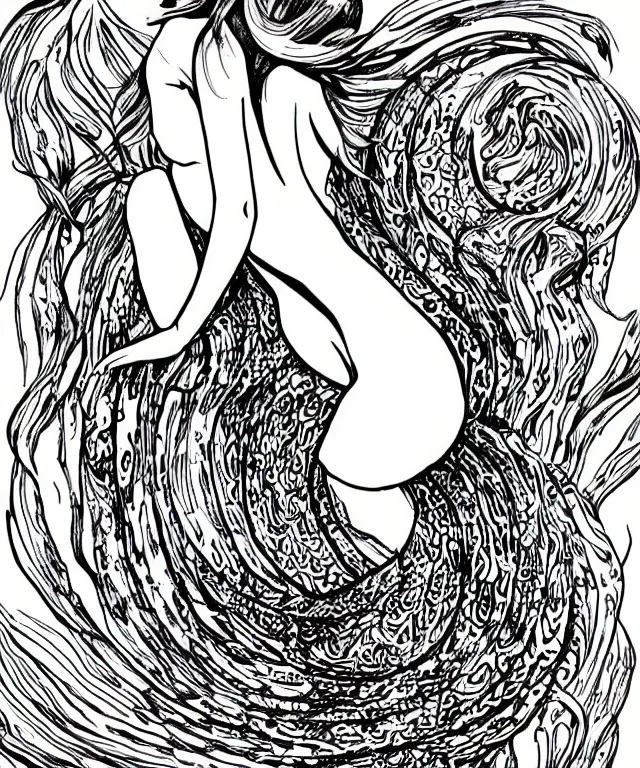 Prompt: black and white illustration, beautiful mermaid