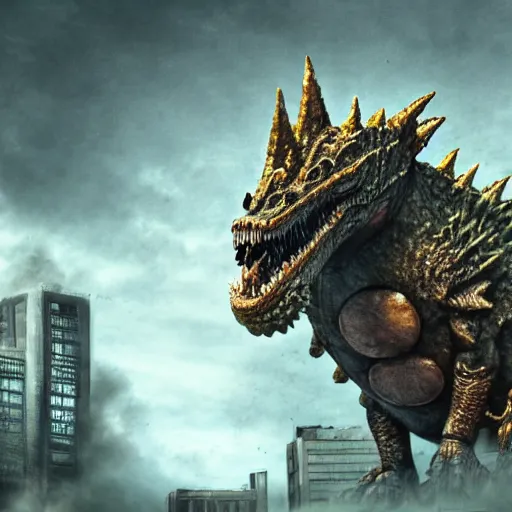 Prompt: a steampunk godzilla monster destroying a brutalist city, render, digital art, intricate detail, award winning cgi, photorealist