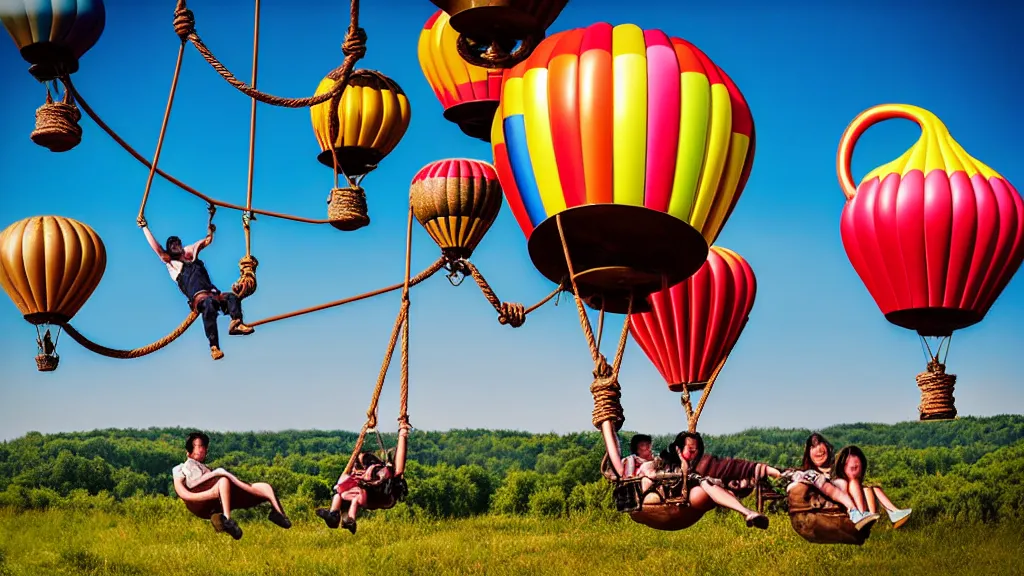 Prompt: large colorful steampunk balloons with people on rope swings underneath, flying high over the beautiful countryside landscape, professional photography, 8 0 mm telephoto lens, realistic, detailed