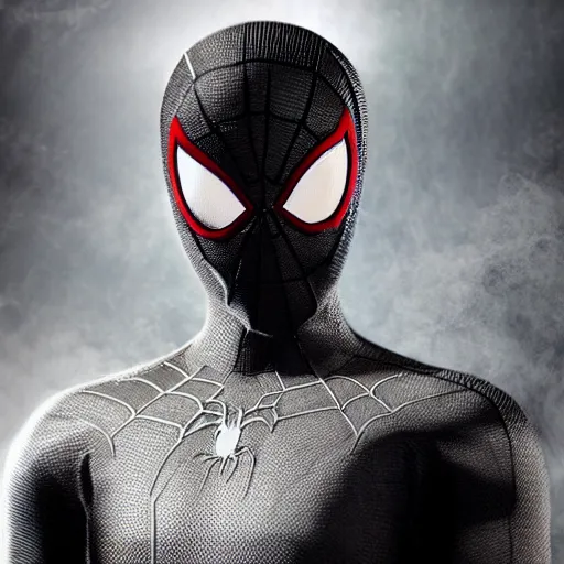 Image similar to black spider - man suit with white web lining, cinematic, volumetric lighting, realistic, hyperdetailed, photorealistic, photograph