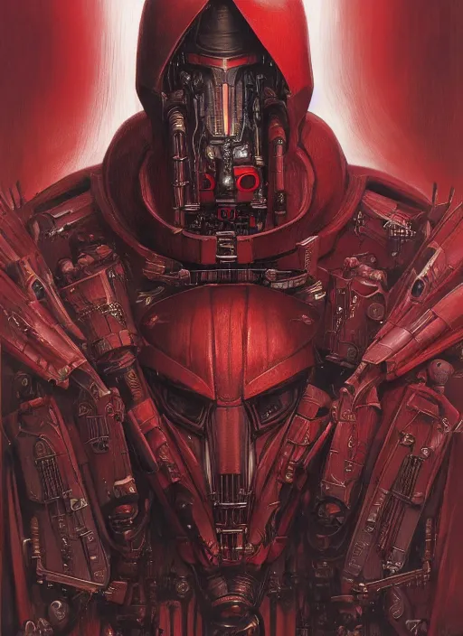 Prompt: portrait of human head adeptus mechanicus in red hood and robe from Warhammer 40000. Highly detailed, artstation, illustration by and John Blanche and zdislav beksinski and wayne barlowe