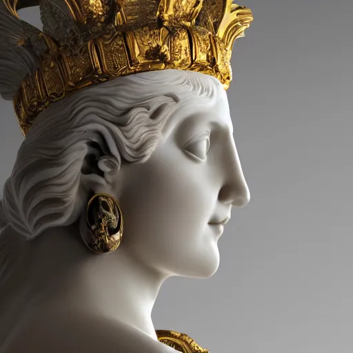 Image similar to side portrait of a goddes in the form of a greek sculpture in marble, with a gold crown, baroque elements, museum. photorealistic. colorful details. flash. intricate artwork by miguel angel. octane render. cinematic. 4 k. bokeh.