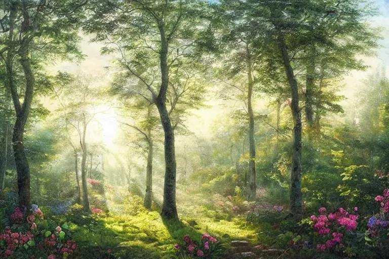 Image similar to lush forested landscape dense with trees and flowers, sunbeams streaming through the foliage, dreamy realism