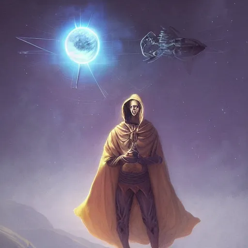 Image similar to masked nomad male wearing a cloak on an alien world and holding a holographic planet projection in his hand, detailed, sci - fi, digital painting, artstation, sharp focus, illustration, ominous, artgerm, tomasz alen kopera, peter mohrbacher, donato giancola, joseph christian leyendecker, wlop, frank frazetta