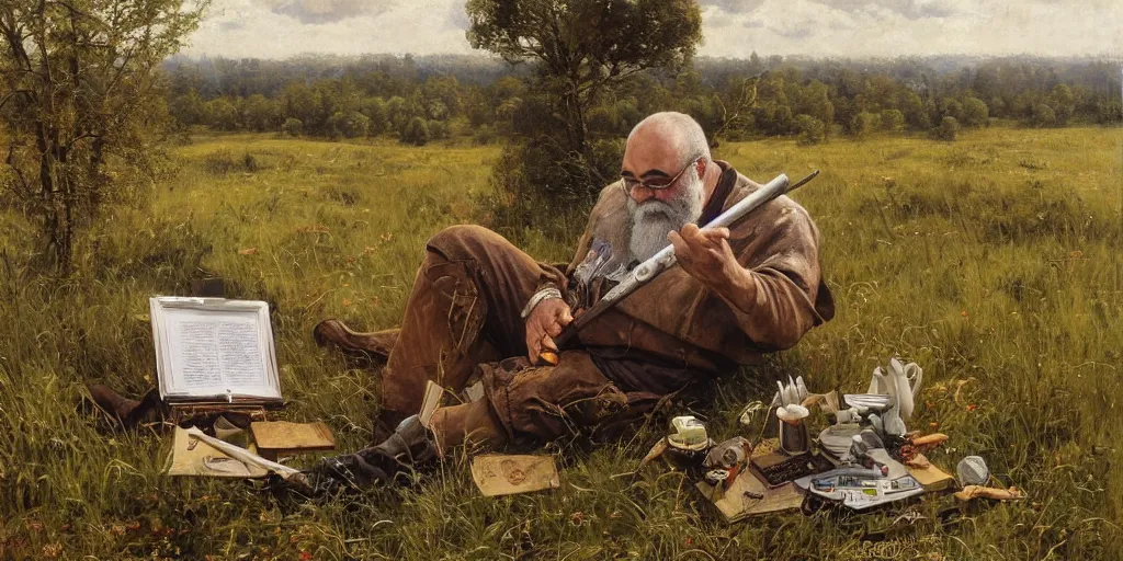 Image similar to Gary Gygax Gary Gygax plays dungeons and dragons in the middle of a field, game dungeons and dragons, Rye (Shishkin), painting by Ivan Shishkin, Ernest Gary Gygax face, photo by Gary Gygax, painting by Valentin Serov, oil painting, hyperrealism, beautiful, high resolution,