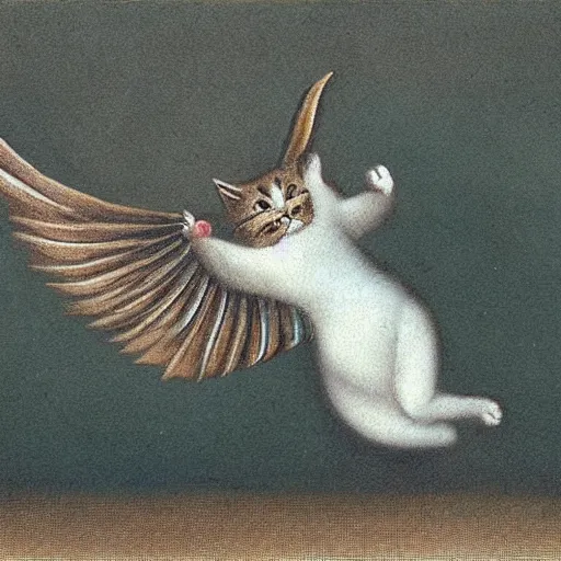 Image similar to a cat with wings an illustration by Michael Sowa, but as photography