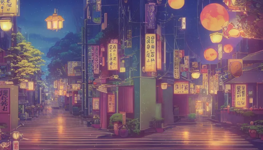 Image similar to A film still from a 1990s Sailor Moon cartoon featuring a moody street in Japan with a waterfall and lanterns, lofi aesthetic, golden hour, cinematic look, film grain, high detail, high resolution, 8k