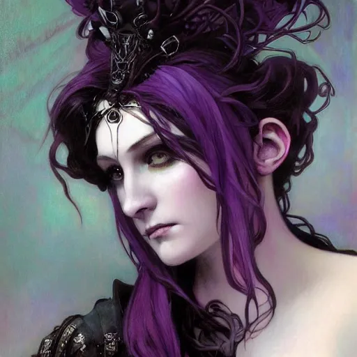 Image similar to dark goth queen with purple eyes, by jeremy mann and alphonse mucha, fantasy art, photo realistic, dynamic lighting, artstation, poster, volumetric lighting, very detailed faces, purple eyes, 4 k, award winning dark, goth, queen, dark fantasy, black, dark purple, hyperrealistic portrait, art of elysium, full figure, very detailed face,