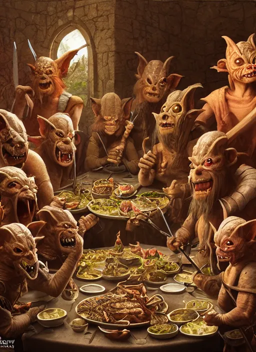 Image similar to highly detailed closeup group portrait of medieval goblins having a banquet, stephen bliss, unreal engine, greg rutkowski, ilya kuvshinov, ross draws, hyung tae and frank frazetta, tom bagshaw, tom whalen, nicoletta ceccoli, mark ryden, earl norem, global illumination, god rays, detailed and intricate environment