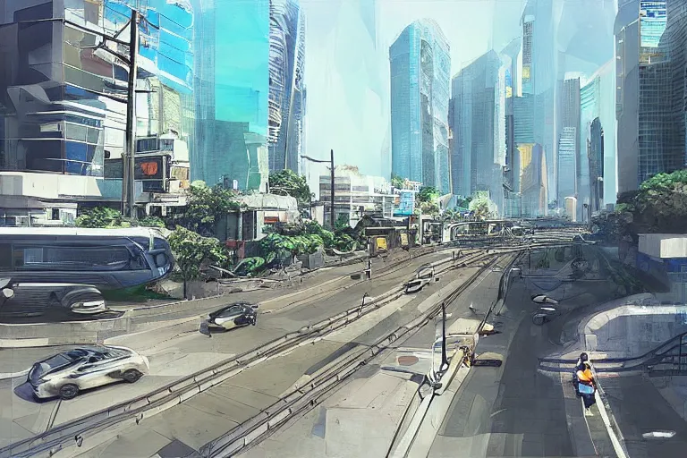 Image similar to “Streetview of a clean modern Metro Manila, good public transport, concept art, artstation”