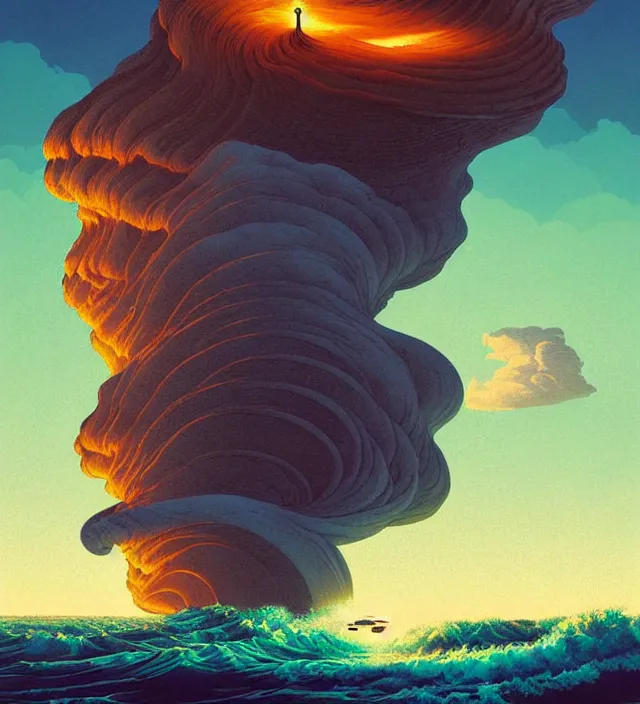 Prompt: a calico 🌊 swirling in the sky above a barren 🏜 by ivan shishkin and zacharias aagaard and simon stalenhag and dan mumford and josan gonzalez, surrealism, chiaroscuro, hyper detailed, high saturation, retrowave