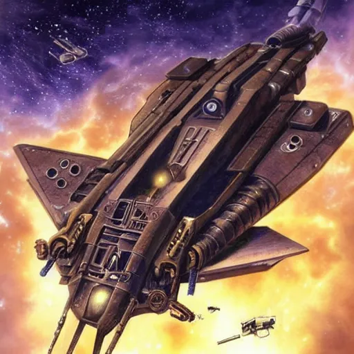 Image similar to steampunk spaceship, space war, battle, hyper realistic, artistic