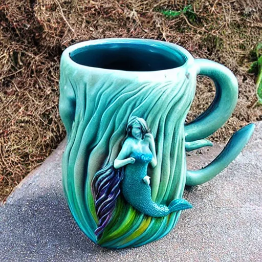 Image similar to a ceramic realistic mermaid sculpture mug, creative, beautiful, award winning design, functional, colorful